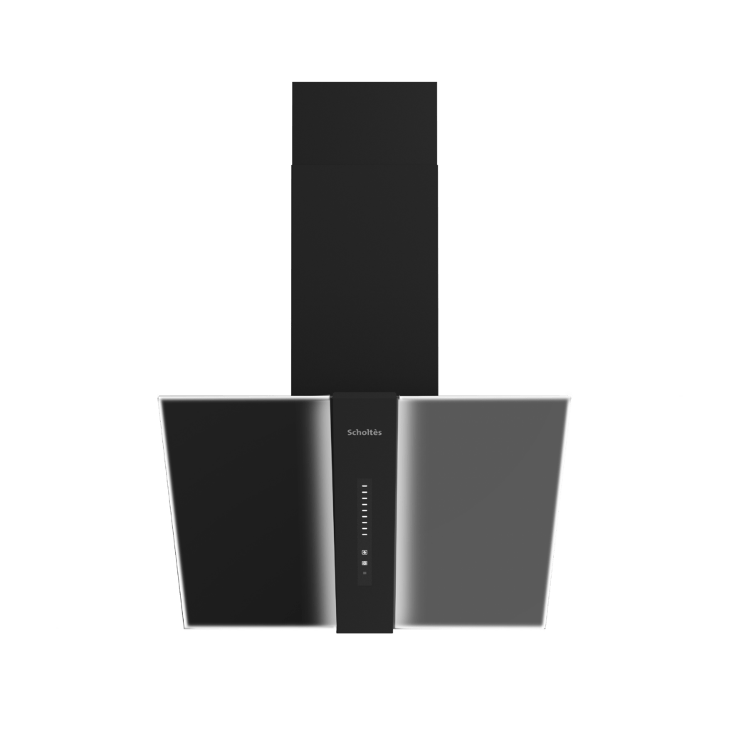 HOTTE DECORATIVE INCLINEE SCHOLTES 60CM | 3 VTS.| 650 M³/H | CTRL. TACT.| 2XFT.CHARBON | BLACK GLASS
