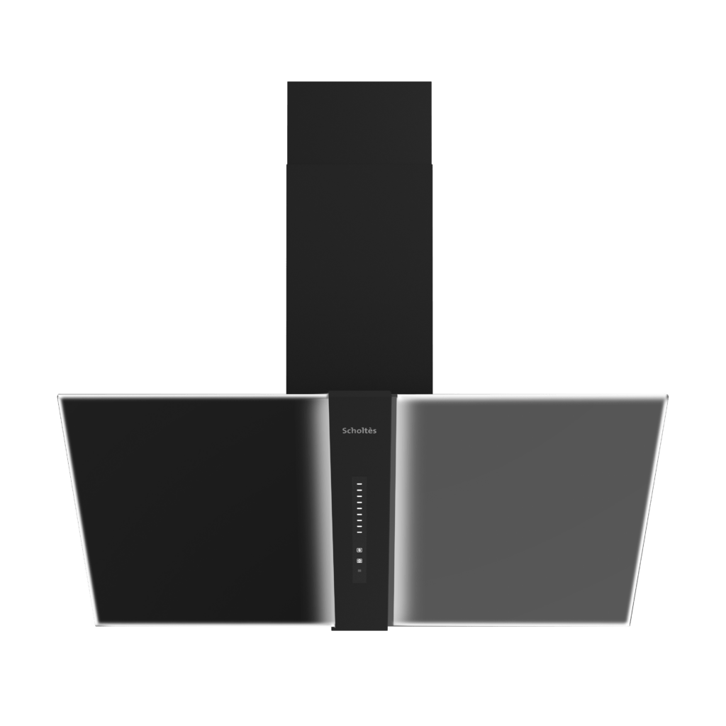 HOTTE DECORATIVE INCLINEE SCHOLTES 90CM | 5 VTS.| 850 M³/H | CTRL. TACT.| 2XFT.CHARBON | BLACK GLASS